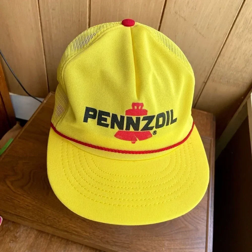VTG 1980s PENNZOIL Yellow Rope Hat Trucker Cap Snapback Mesh USA Oil Swingster